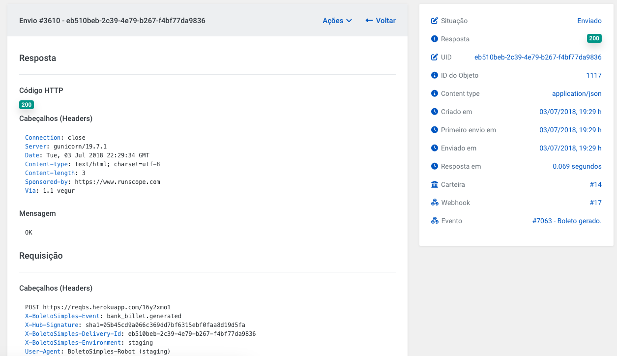 Detalhes do Webhook